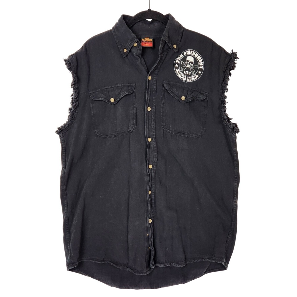 Hot Leathers Men Black Denim 2nd Amendment Sleeveless Biker Shirt L Skull Grunge